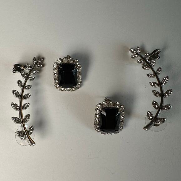 Elegant Black Crystal Rhinestone Earrings Lot Leaf Vine Dangle & Square Studs - Picture 1 of 3